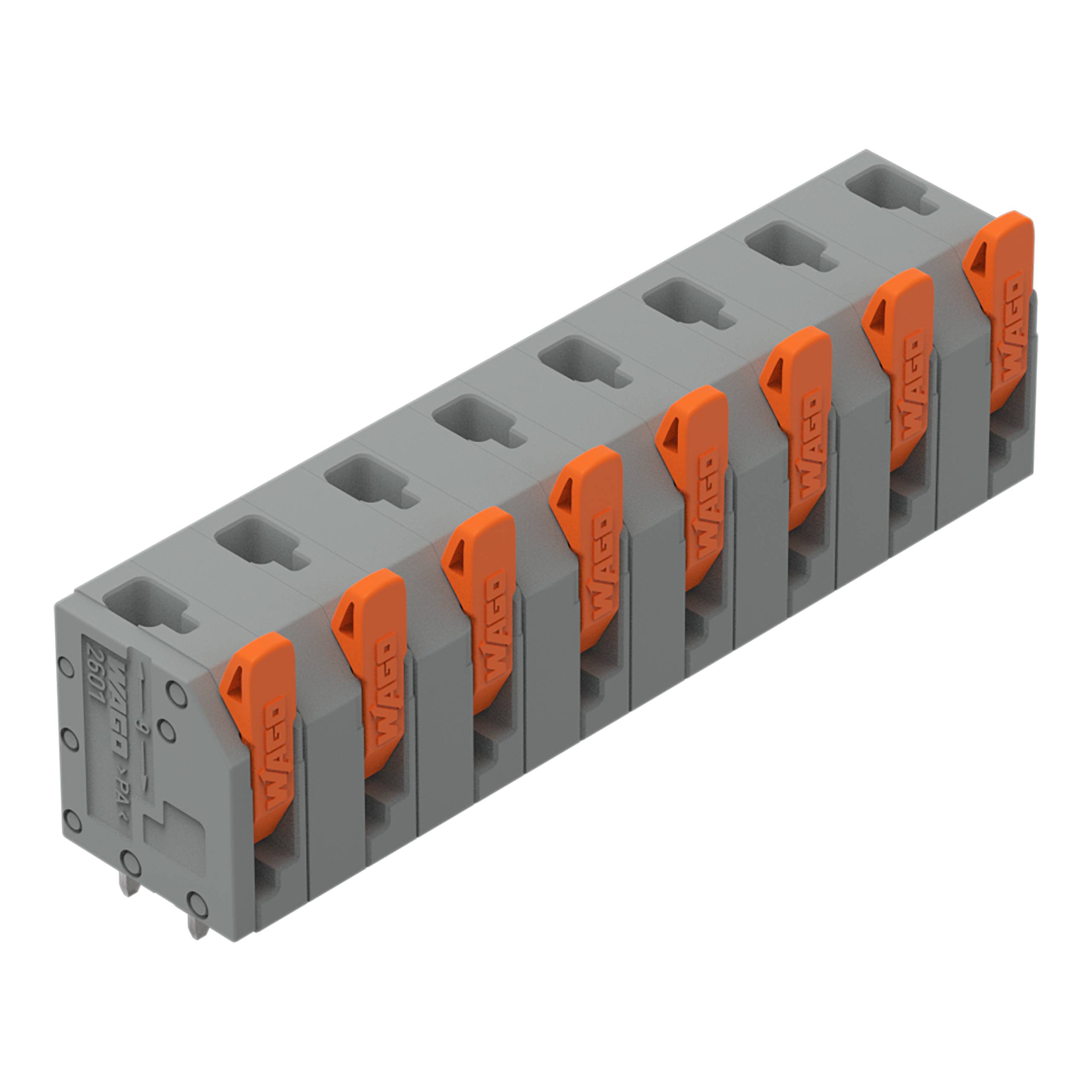 'WAGO' Schrägansicht eines achtpoligen Steckverbinders mit orangefarbenen Hebeln auf grauer Basis.