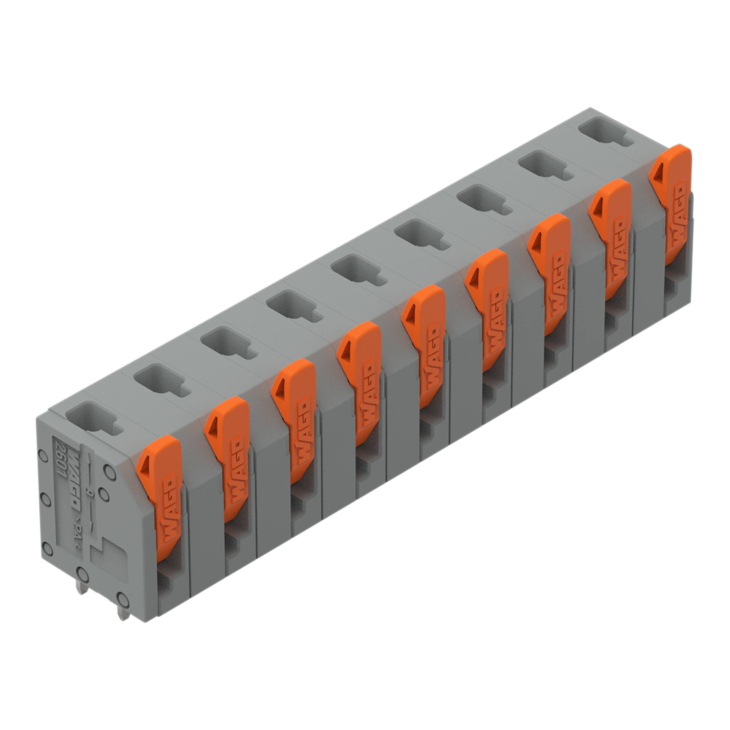 Ein grau und orange farbenes Klemmenleistenmodul mit mehreren Anschlussplätzen für die Verdrahtung, typischerweise in elektrischen Zusammenbauten und Installationen verwendet.