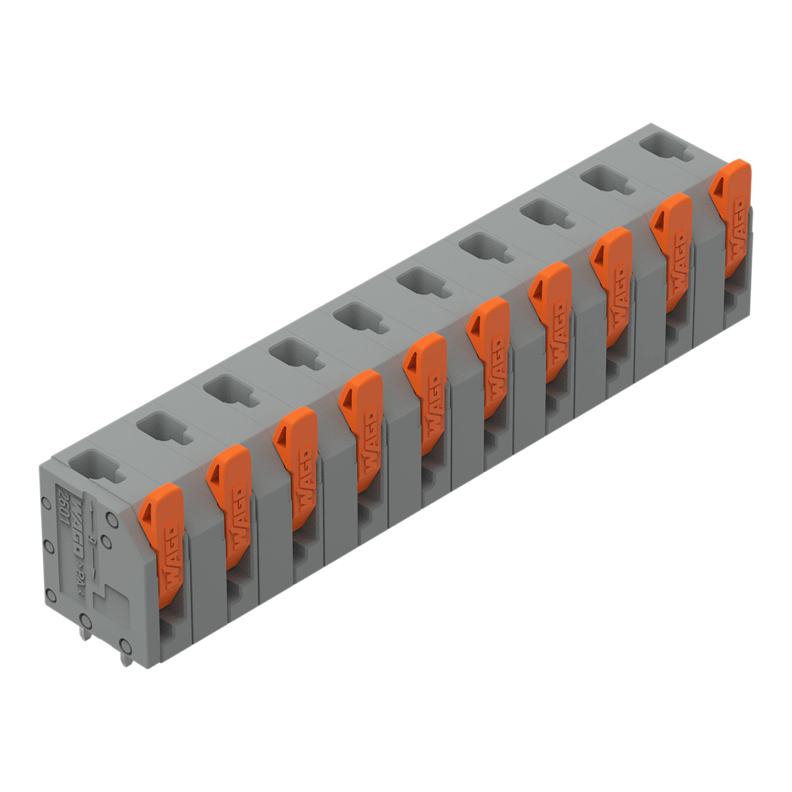 Ein grau-orangefarbenes Elektroklemmenblock mit zehn verbundenen Anschlüssen, von denen jeder mit 