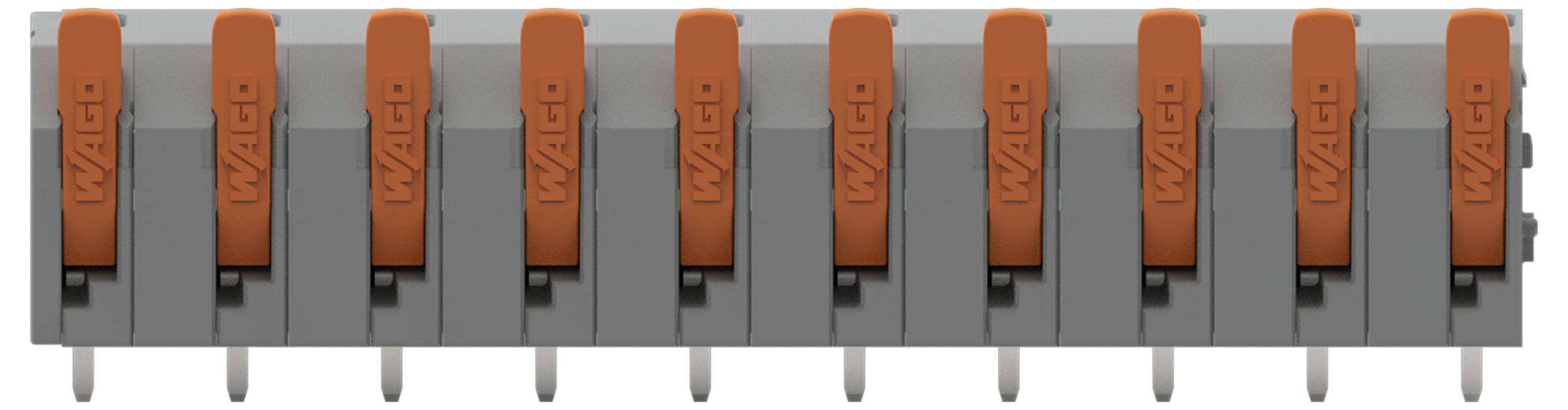 Elektrischer Verbindungsblock der Marke 'WAGO' mit zehn aufrecht stehenden Hebeln, der zum Sichern und Verbinden von Drähten verwendet wird.