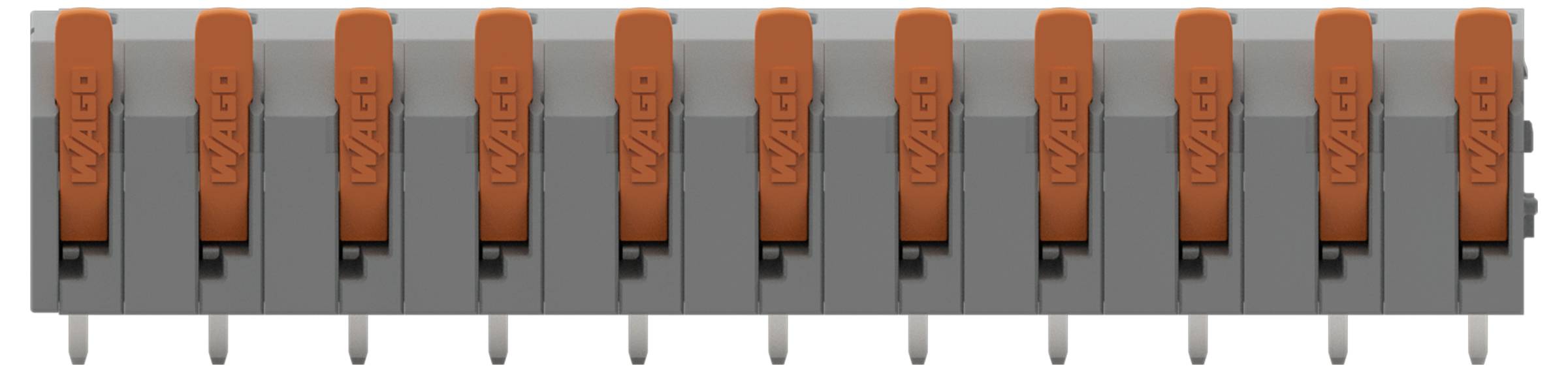 WAGO-Elektroklemme mit zehn orangefarbenen Hebeln in offener Position, verwendet zum Anschließen mehrerer Drahtverbindungen.