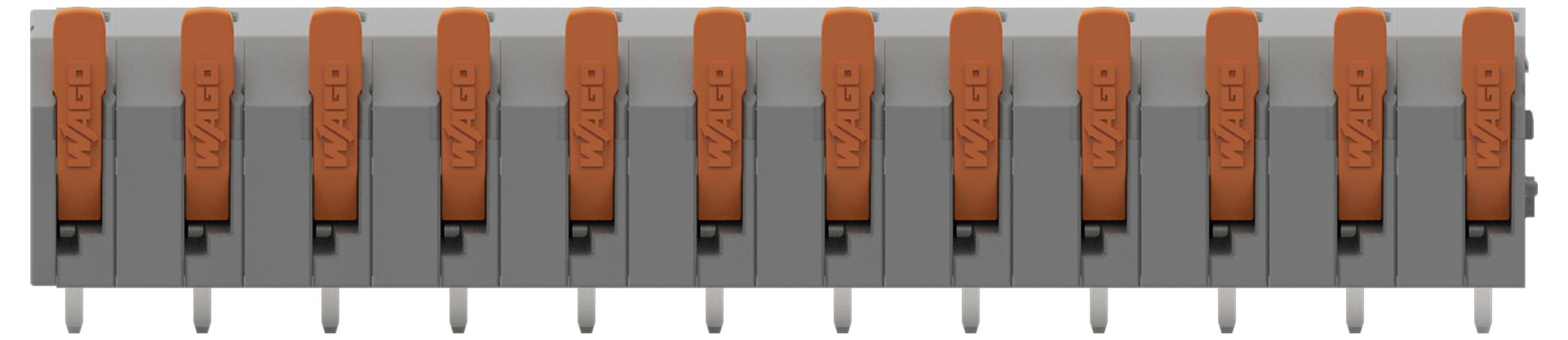 Eine Reihe von zwölf orange und grauen elektrischen Steckverbindern mit der Bezeichnung „WAGO