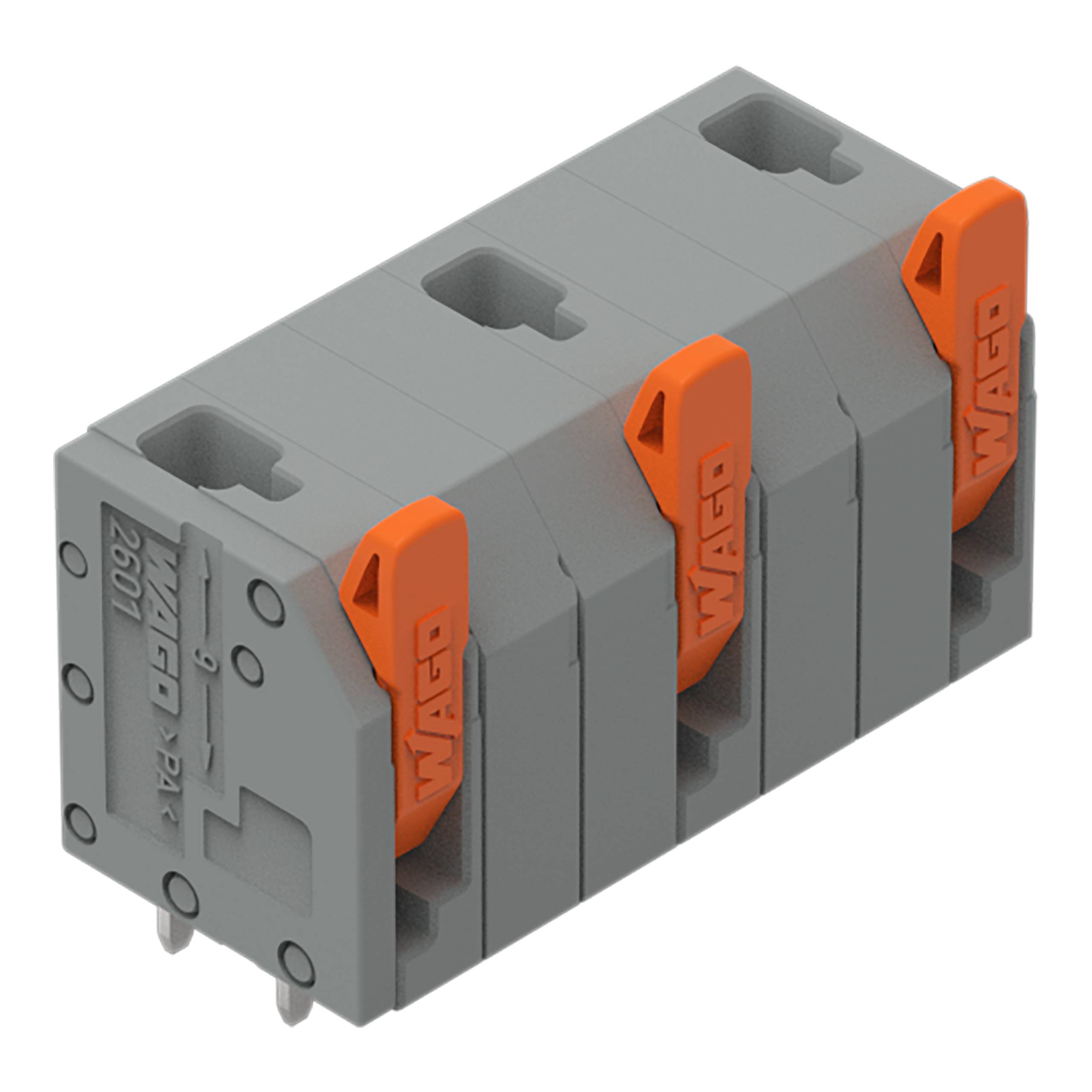 Ein grauer Anschlussklemmenblock mit drei orangefarbenen Hebeln, gekennzeichnet mit 'WAGO 2601', zum Verbinden von Elektrokabeln.