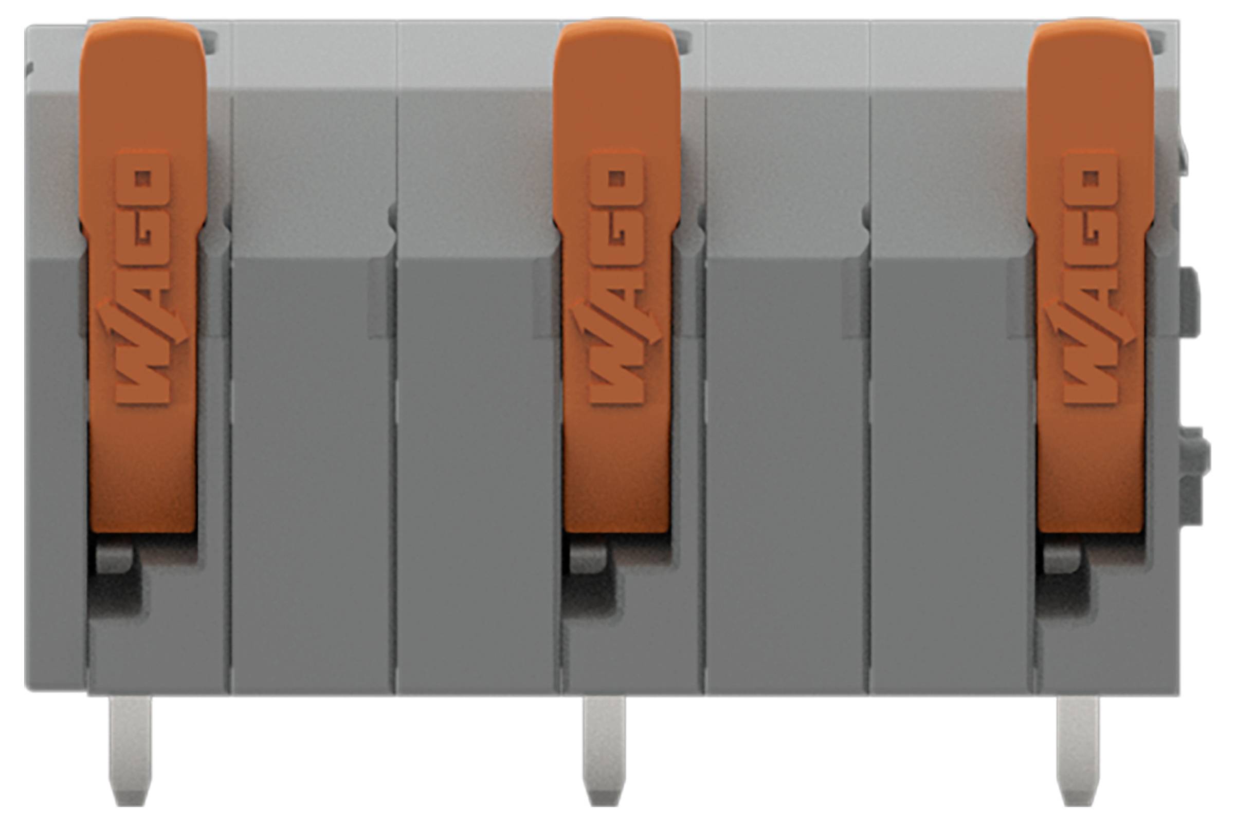 Vierfach-Elektroklemmenblock mit orangen Hebeln auf grauer Basis, gekennzeichnet mit „WAGO