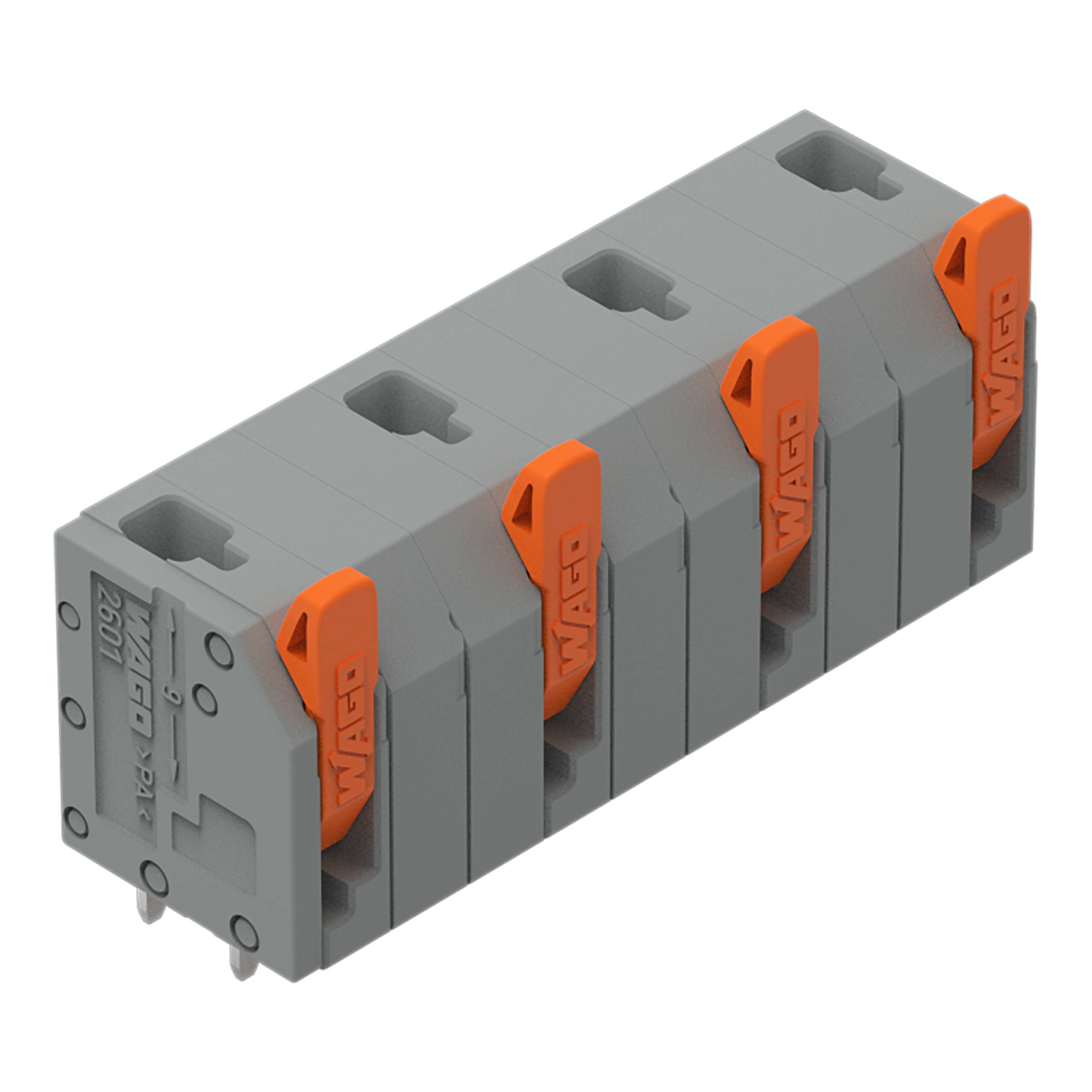 Ein grauer Wago-Stecker mit fünf Anschlüssen, ausgestattet mit orangefarbenen Hebeln oben zum Befestigen von Elektrokabeln. Geeignet für elektrische Verbindungen.