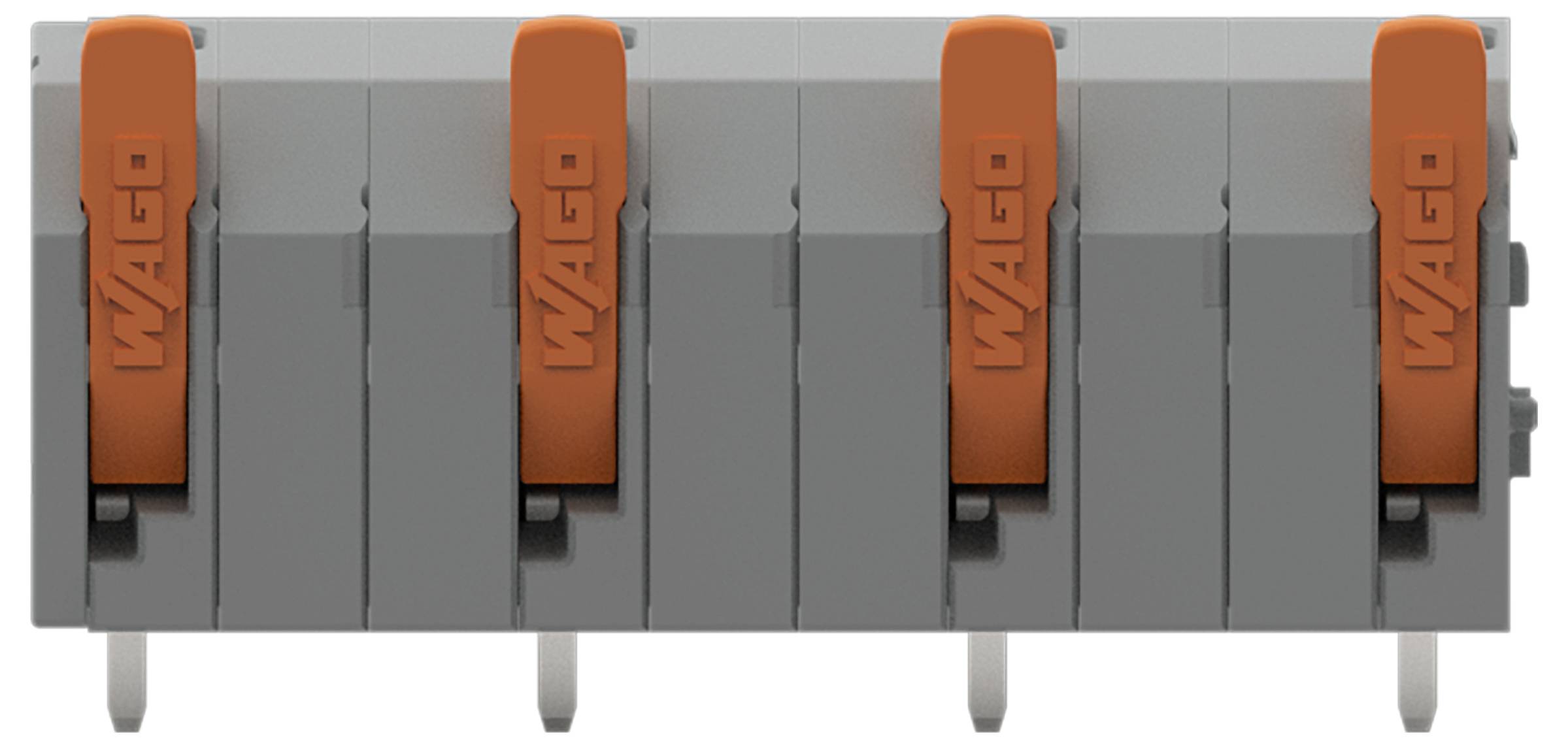 Ein graues Elektroklemmenblöcke mit vier orangefarbenen Hebeln mit der Aufschrift 'WAGO', das zum Anschluss von Elektrokabeln in Schaltungsanwendungen verwendet wird.