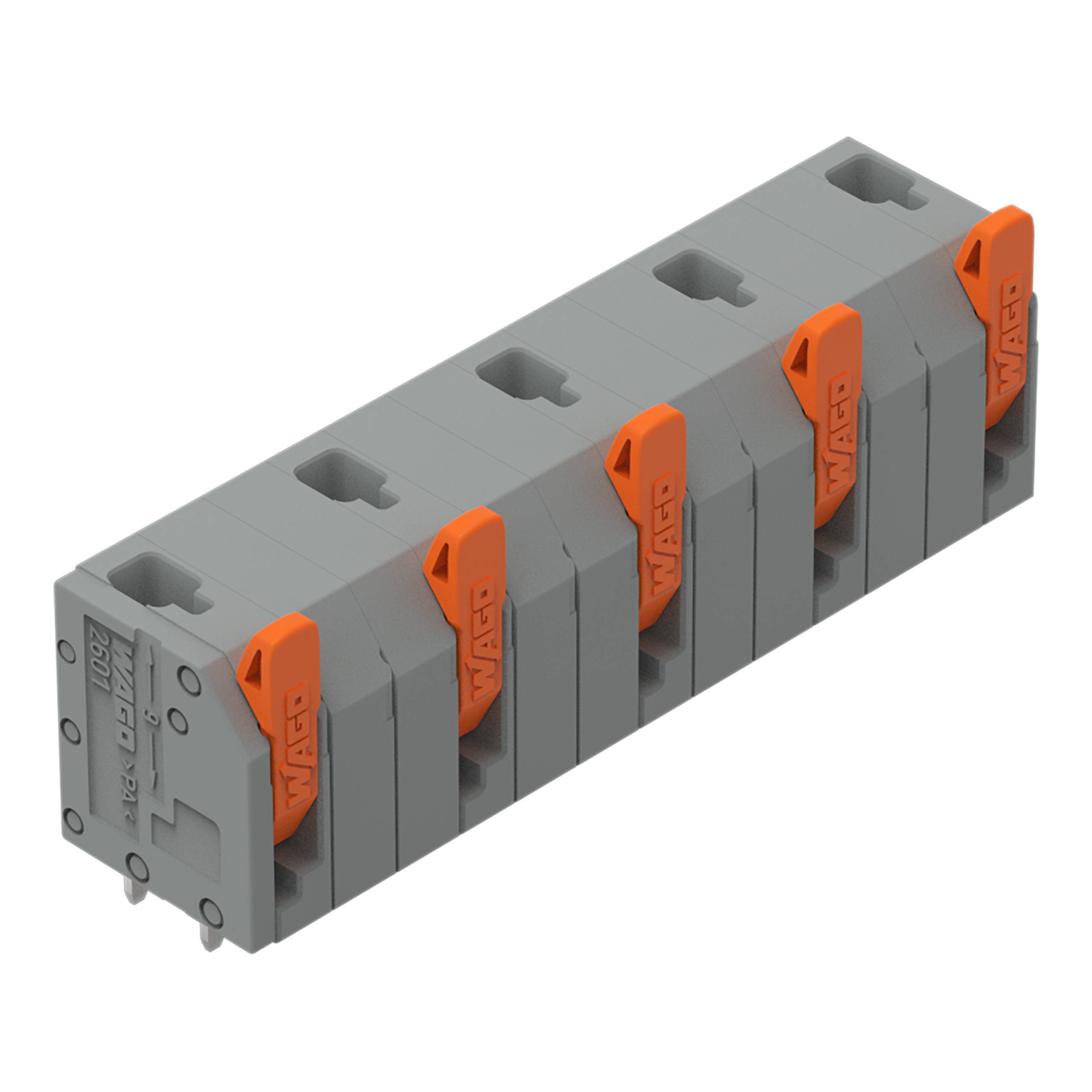 Ein grau und orange farbener Elektrostecker mit mehreren Anschlüssen für die Verdrahtung, verwendet in elektrischen Installationen.