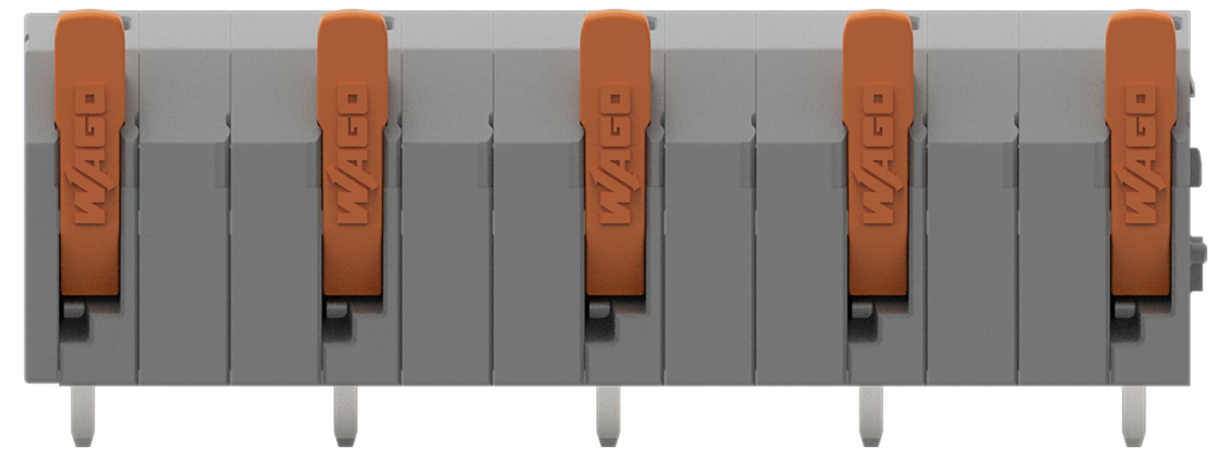 Ein graues Elektroklemmenblock mit fünf orangefarbenen Hebeln mit der Aufschrift „WAGO