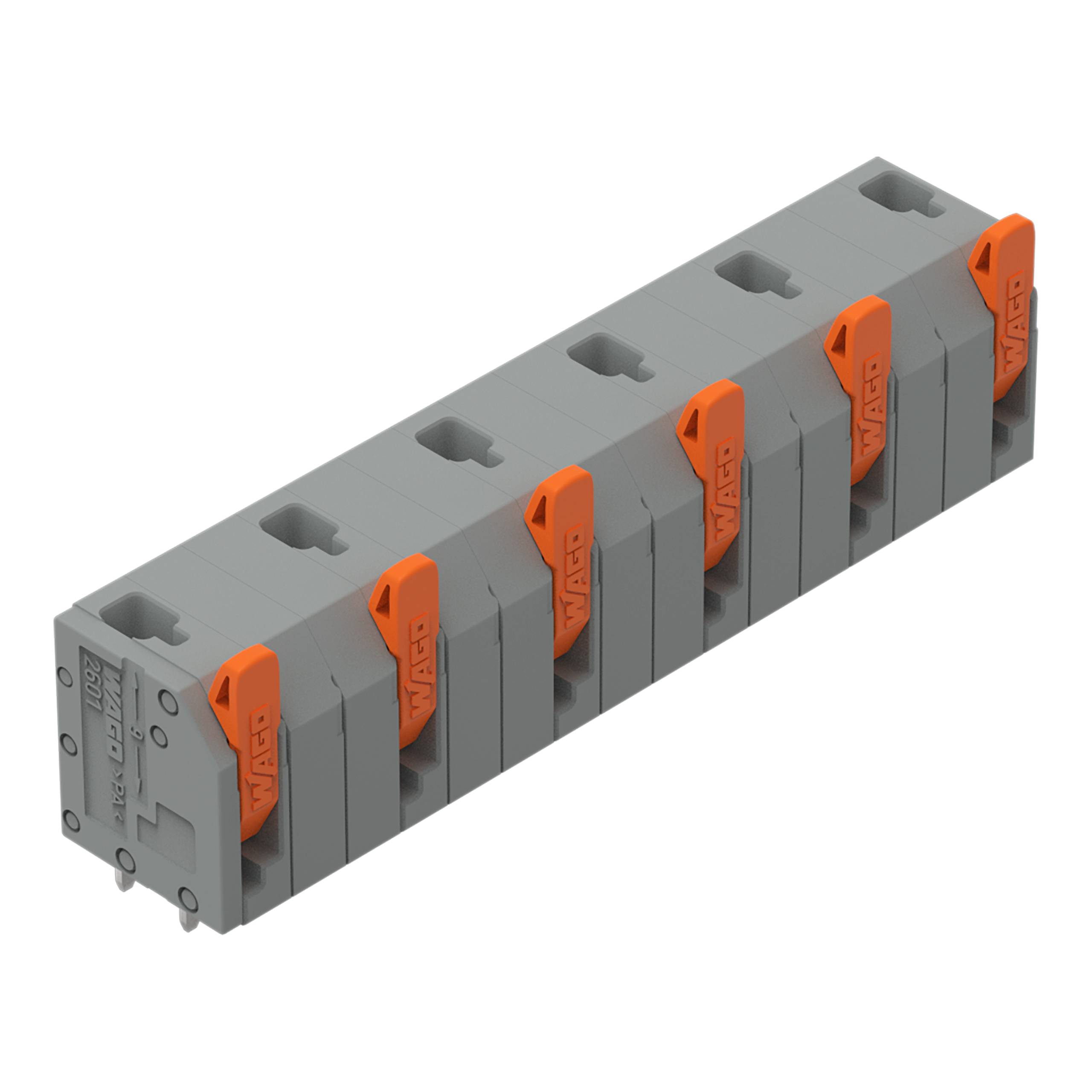 Grauer rechteckiger Elektrostecker mit sieben orangefarbenen Hebeln, konzipiert für Verdrahtungssysteme.