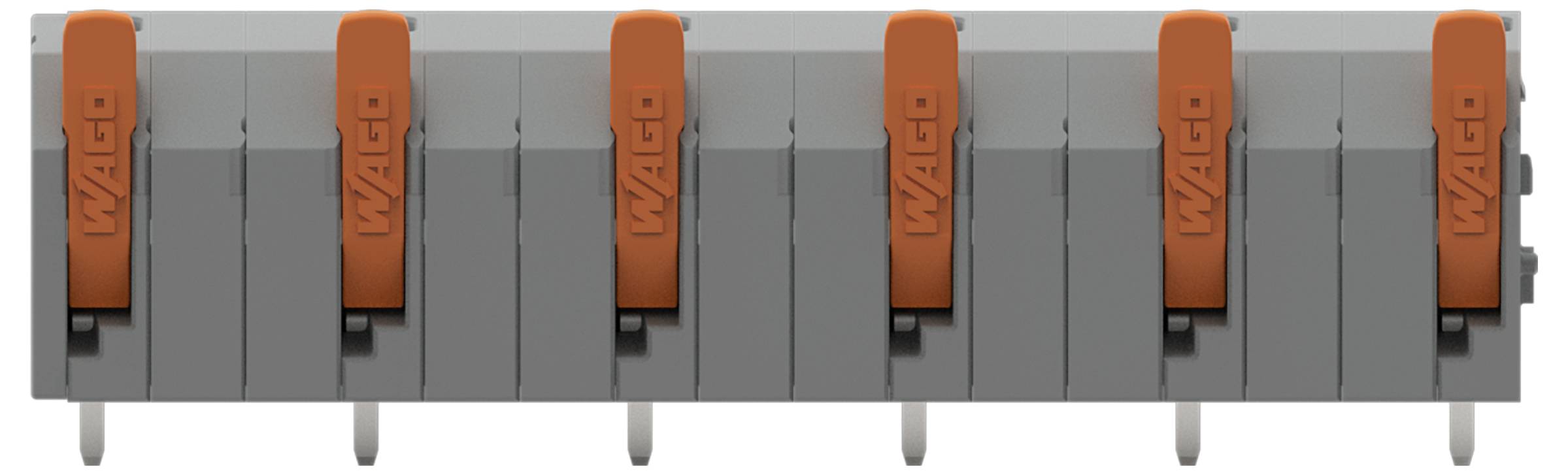 Eine Reihe von acht grau-orangen elektrischen Steckverbinderschaltern in offener Position.