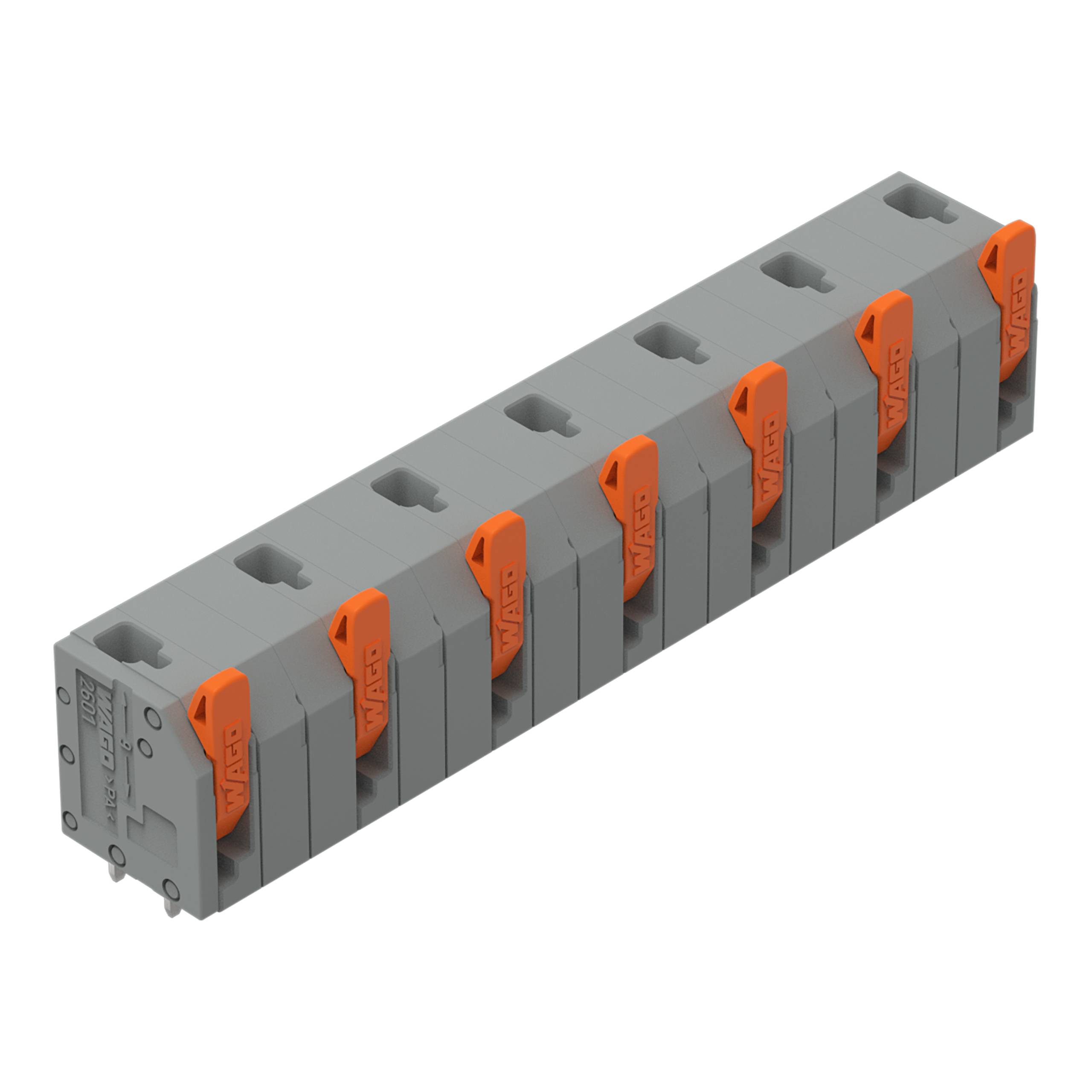 Ein graues modulares Klemmenblockgehäuse mit mehreren Anschlüssen und orangefarbenen Hebelbetätigung für sichere elektrische Verbindungen.