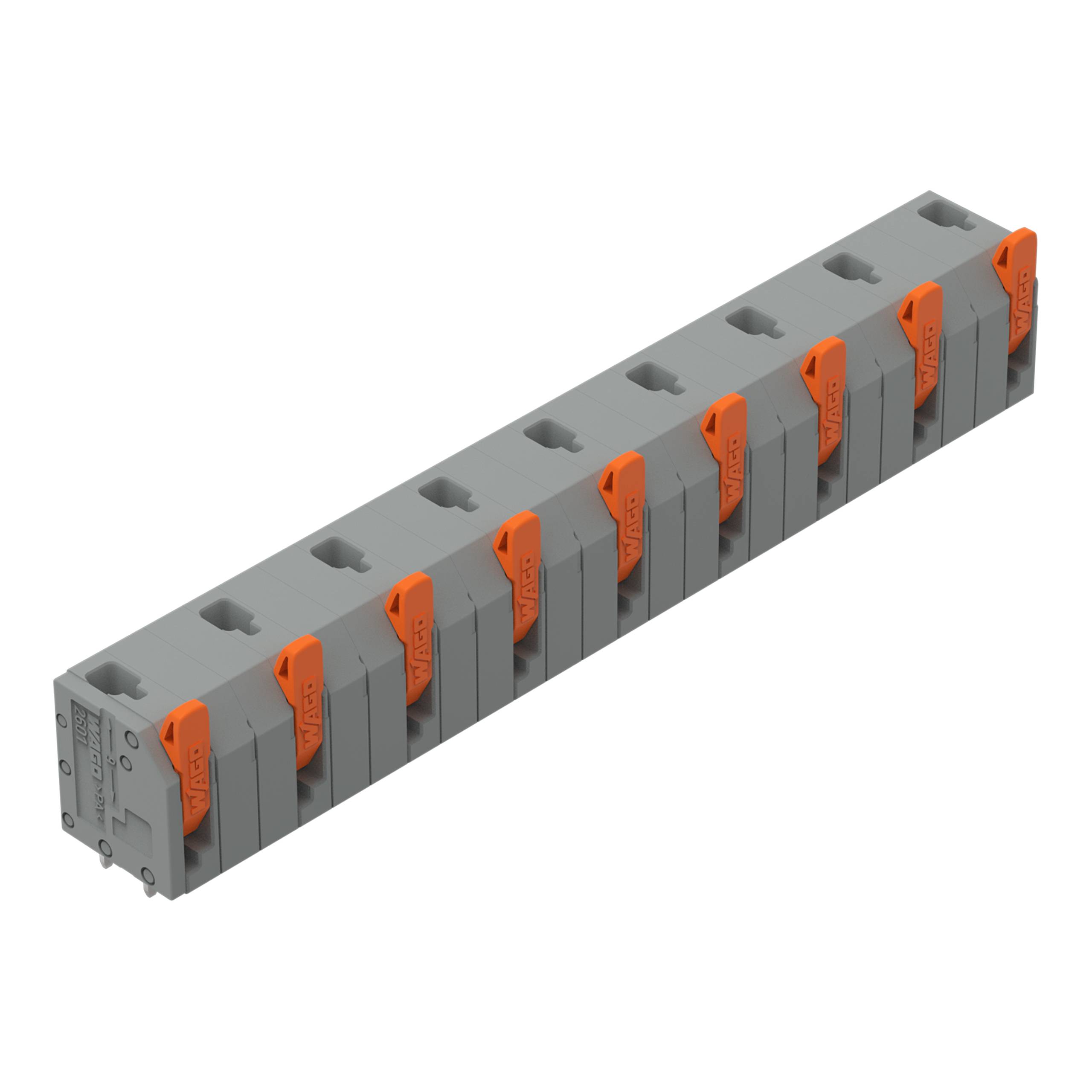 Ein grau-oranges Anschlussblock mit zehn Anschlussanschlüssen, das zur Organisation von elektrischen Drähten in einem System verwendet wird.