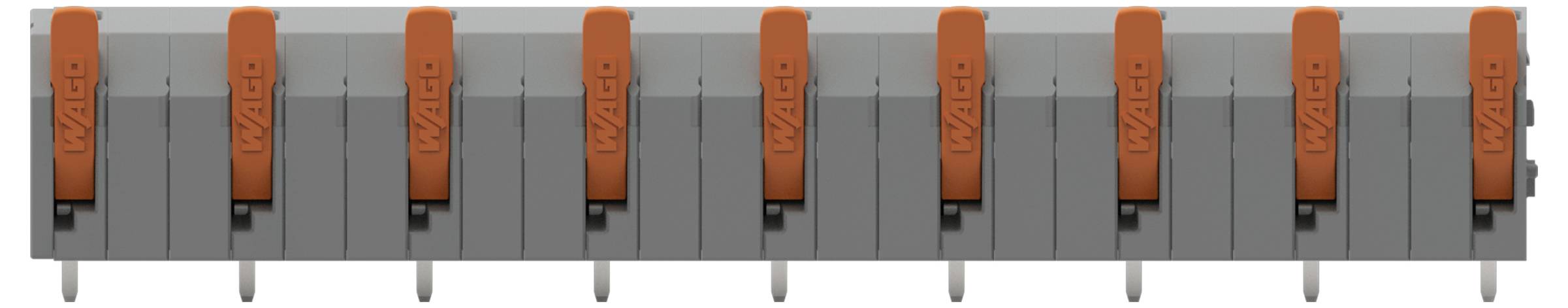 Ein Elektroverbindungsklemmenleiste mit acht orangefarbenen Heberklemmen, mit der Bezeichnung „WAGO