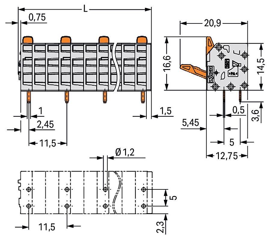 Technische Zeichnung eines Elektrosteckers mit detaillierten Abmessungen, einschließlich Höhe, Breite und Abstände der Komponenten, dargestellt aus mehreren Blickwinkeln.