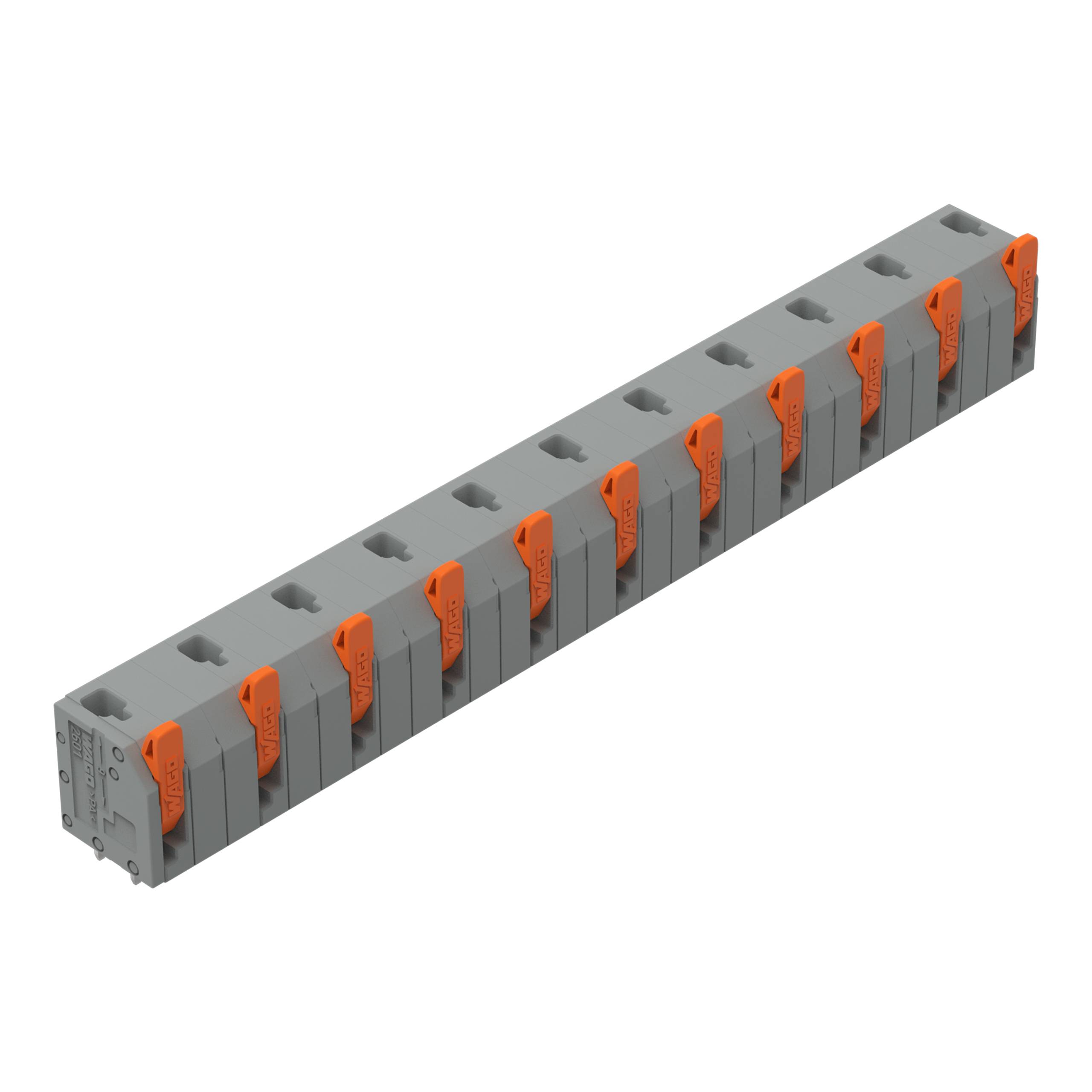 Ein grauer Klemmleistenblock mit orangefarbenen Hebeln, verwendet zum Verbinden von elektrischen Leitungen, dargestellt mit zehn Anschlüssen in einer Reihe.