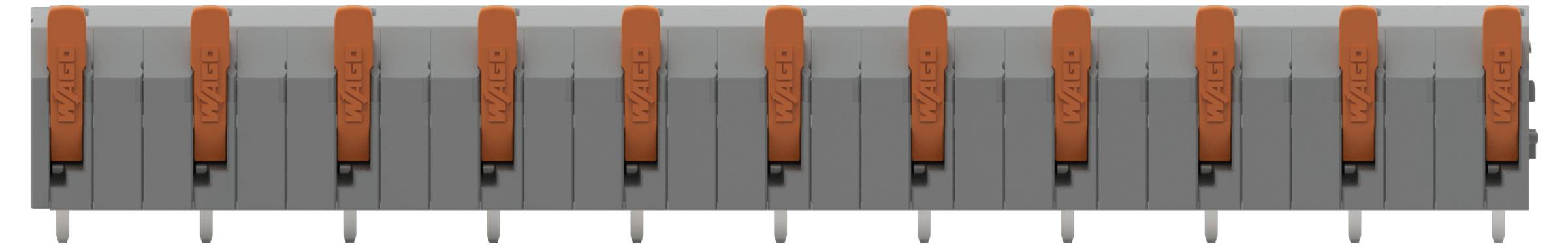 Eine Reihe von zehn orangefarbenen, vertikal angeordneten Schaltern auf einem grauen Feld, gleichmäßig verteilt, horizontal ausgerichtet.