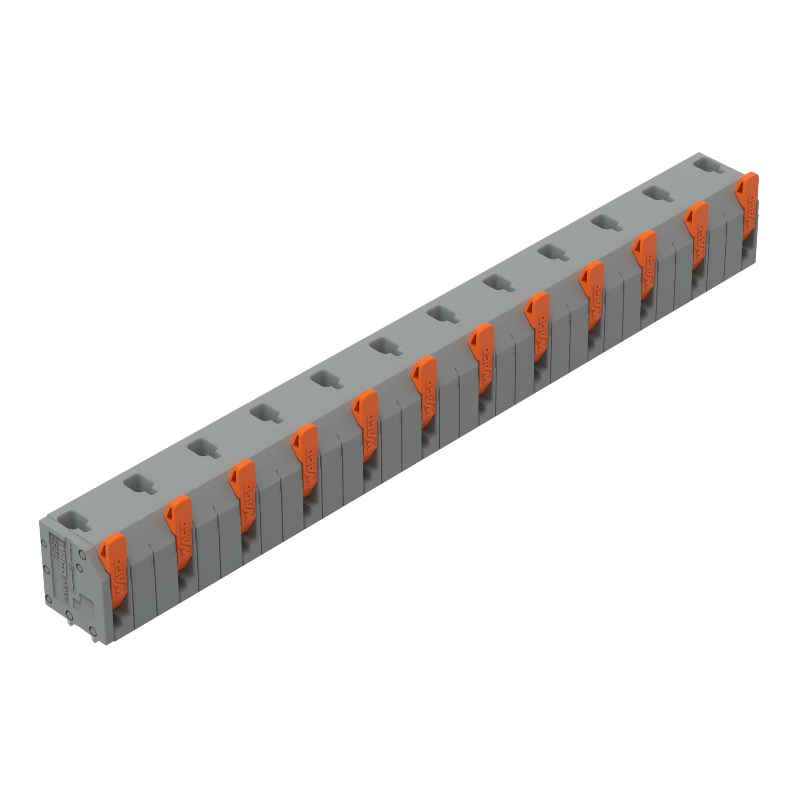 Eine Reihe von grauen Elektrosteckern mit orangefarbenen Laschen, die typischerweise zum Organisieren und Verbinden von Drähten in technischen Aufbauten verwendet werden.