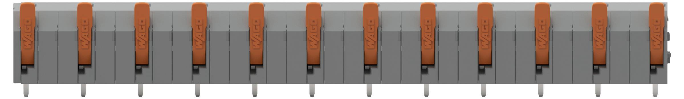 Eine Reihe von zehn grauorangen mechanischen Schaltern, die horizontal ausgerichtet sind, jeder mit einem sichtbaren Steckerstift an der Unterseite.