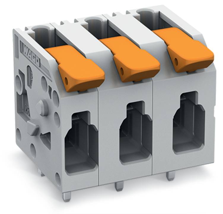 Ein grau-orangefarbiger Elektroverbindungsblock mit drei Anschlüssen, ausgestattet mit Hebelmechanismen zum Sichern von Drähten.