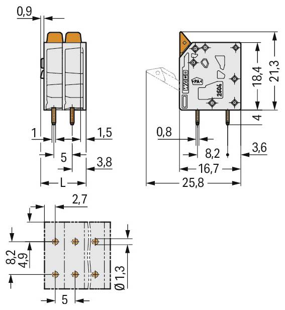Technisches Schaltplan eines elektrischen Relais mit Maßangaben in Millimetern, das Vorder-, Seiten- und Draufsichten mit präzisen Abmessungen zeigt.
