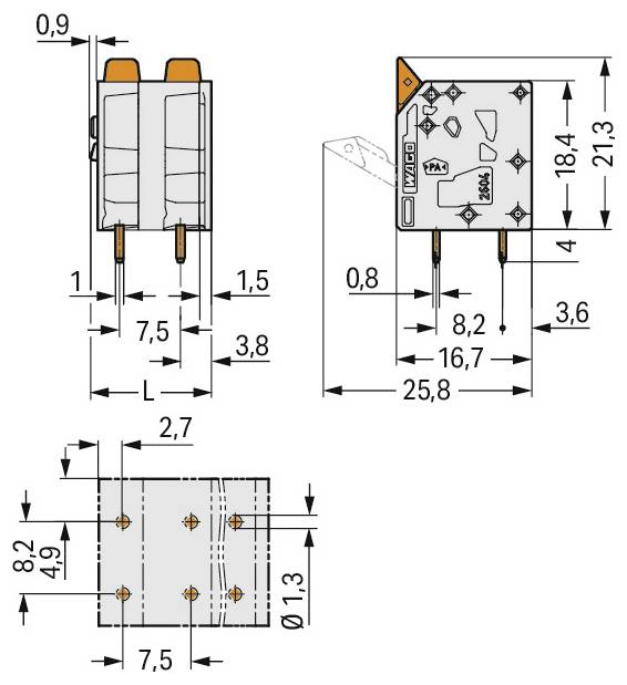 Diagramm einer WAGO-Relaissteckdose mit Abmessungen: 25,8 mm Länge, 18,4 mm Breite, 21,3 mm Höhe. Abstände der Stifte werden angezeigt.