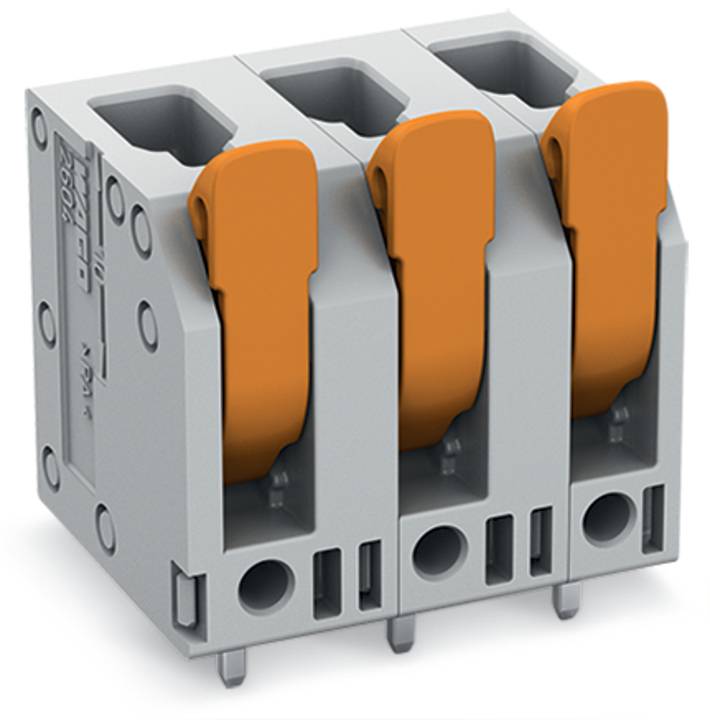 Ein dreipoliger elektrischer Steckverbinder mit grauem Gehäuse und orangefarbenen Hebeln für Drahtverbindungen.