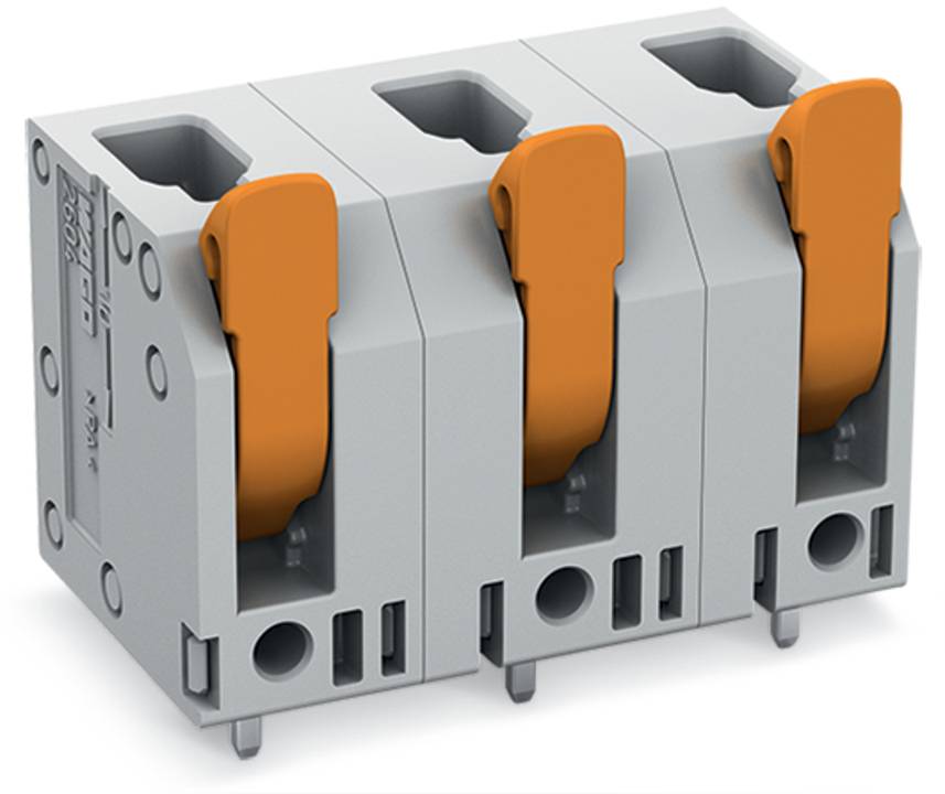 Ein grau-orangefarbiger modularer Elektrosteckerblock mit drei Anschlüssen.