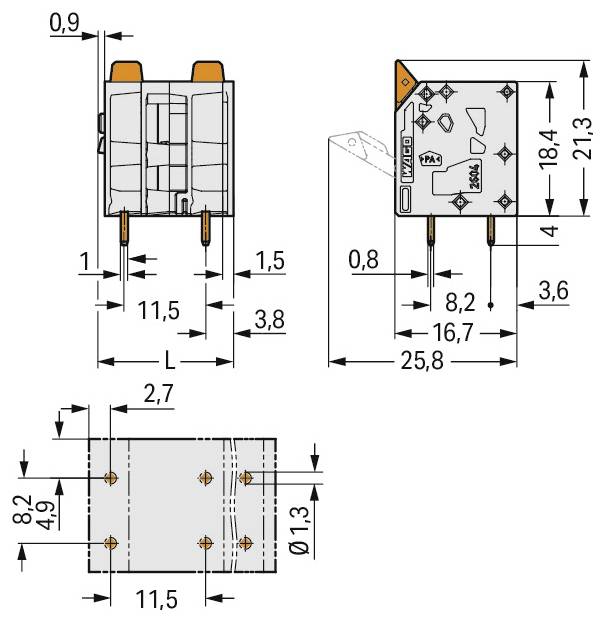 Technisches Schaltplan eines elektrischen Relais mit Abmessungen und Beschriftung für WAGO. Zeigt Seiten-, Frontal- und Unteransichten mit Abmessungen in Millimetern.