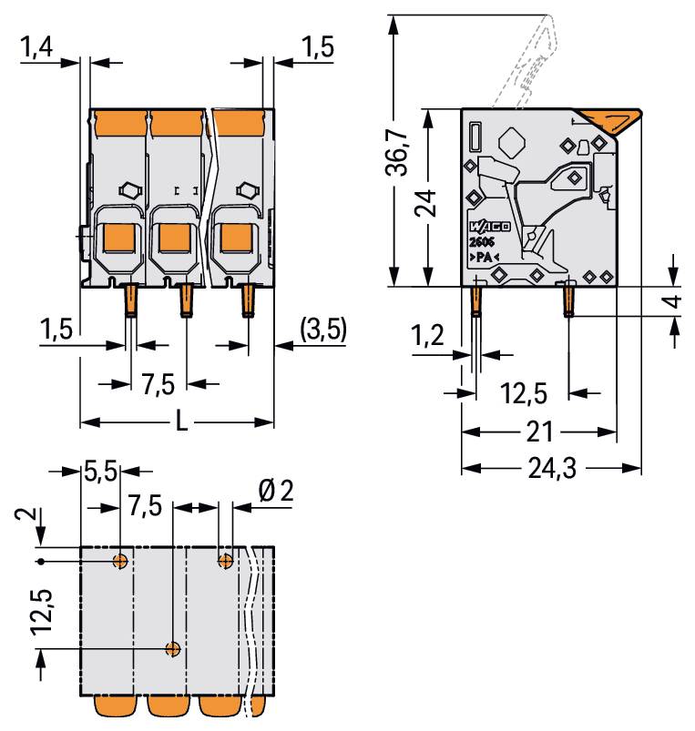 Technische Zeichnung einer elektrischen Komponente mit gekennzeichneten Abmessungen. Enthält Vorder-, Seiten- und Draufsicht mit Messungen in Millimetern.
