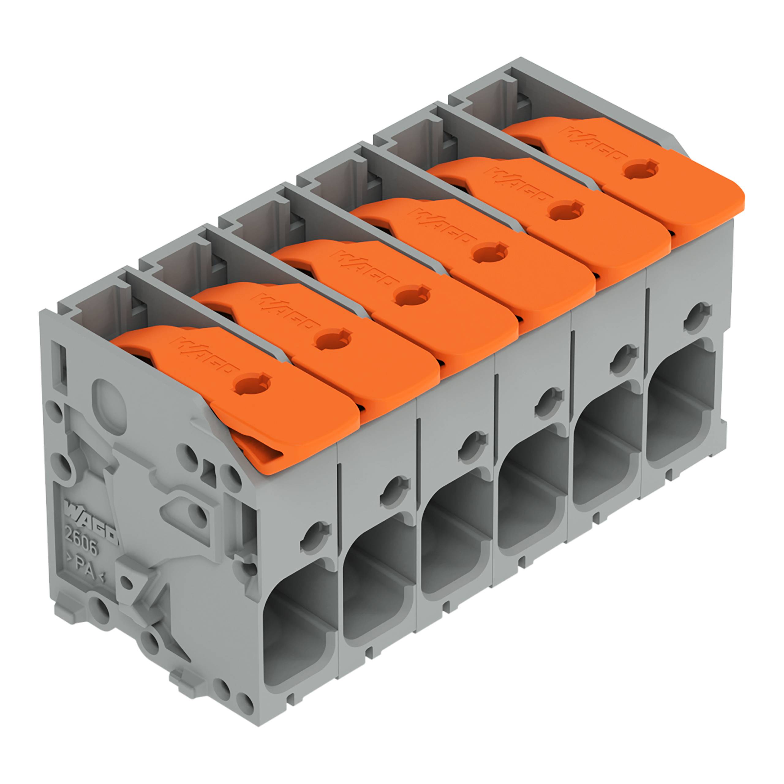Ein grau-oranges Elektroterminal-Block mit fünf Anschlussleisten zum Befestigen von Stromleitern.