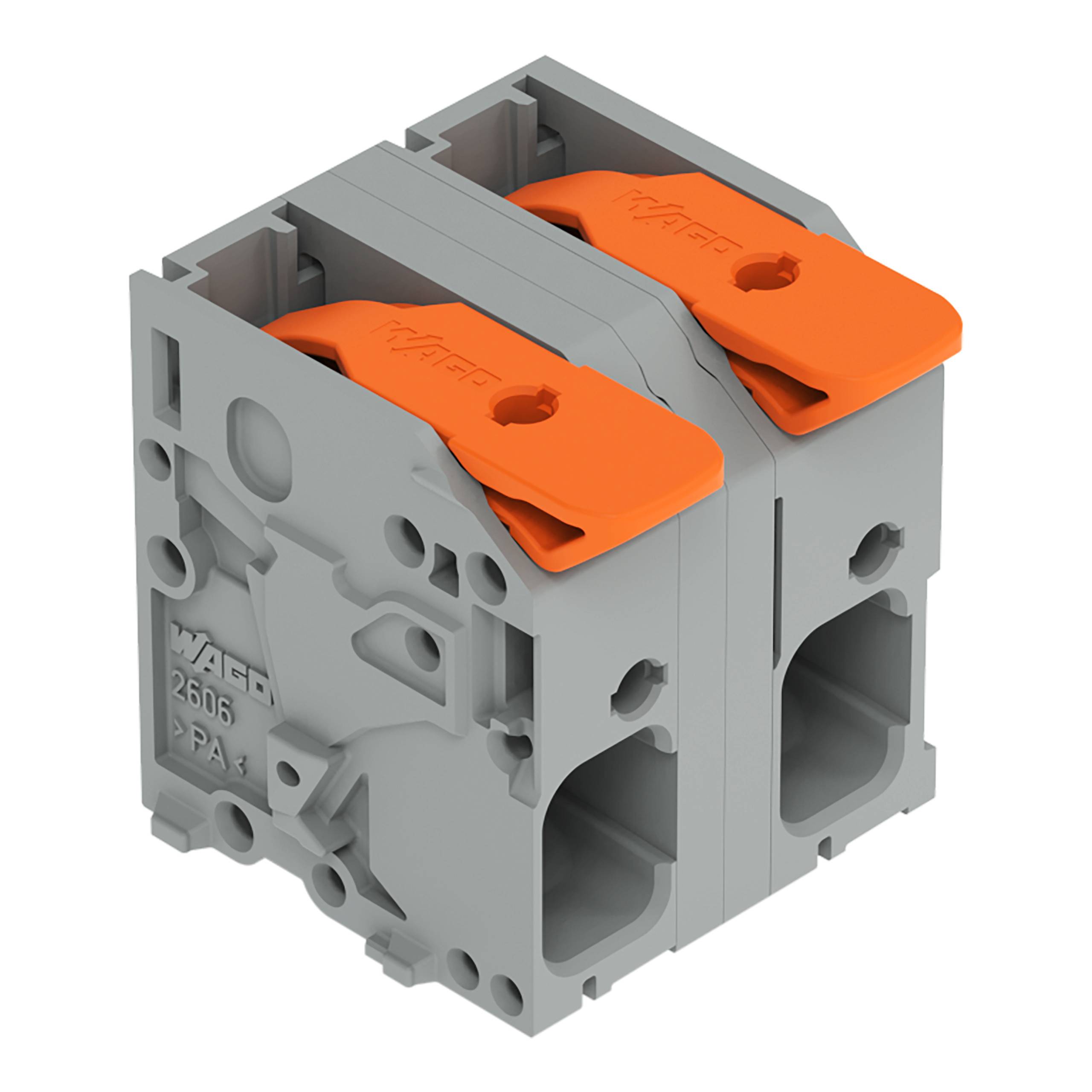 Ein grauer Elektrostecker mit zwei orangefarbenen Hebeln, gekennzeichnet mit „WAGO 2606 PA3