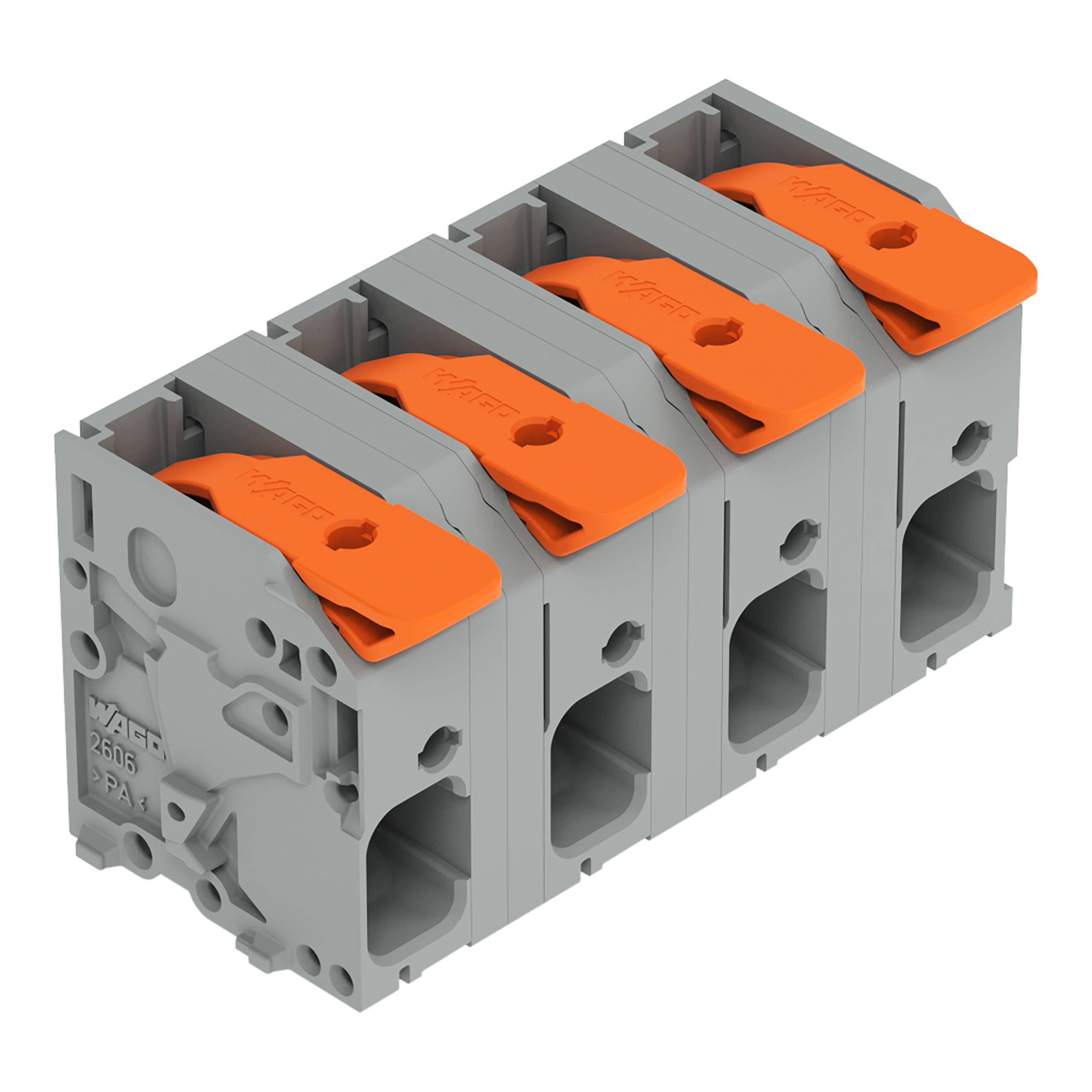 Ein graues modulares Elektroklemmleistenblock mit orangefarbenen Hebeln, bestehend aus vier verbundenen Einheiten.