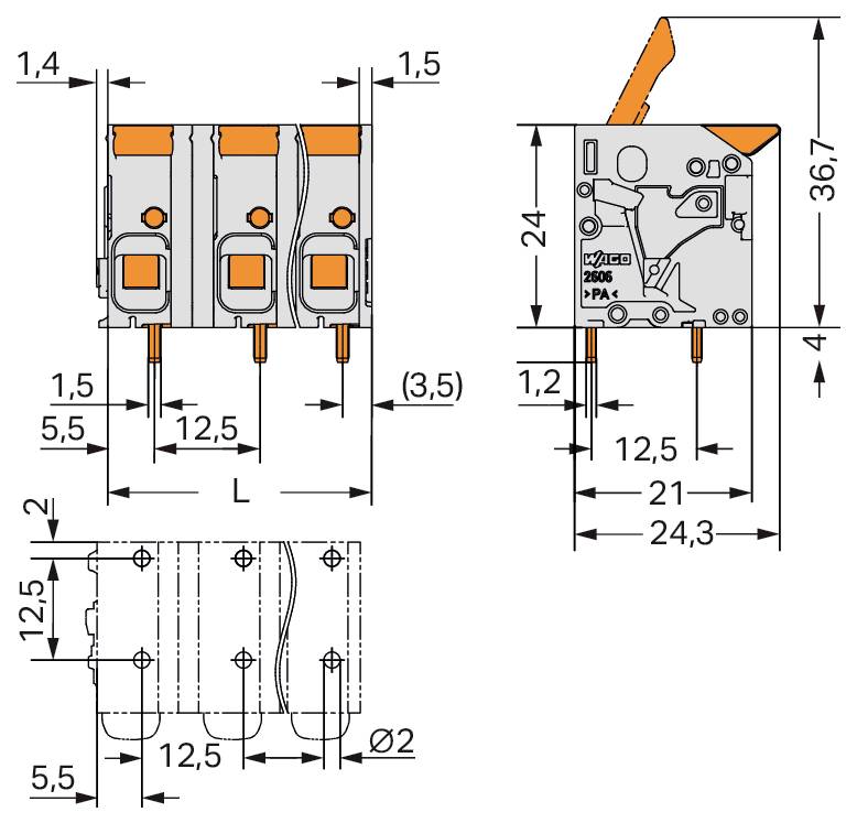 Diagramm mit Abmessungen einer elektrischen Komponente mit Pinbelegung, Seiten-, Draufsicht und Vorderansicht mit Maßangaben in Millimetern.
