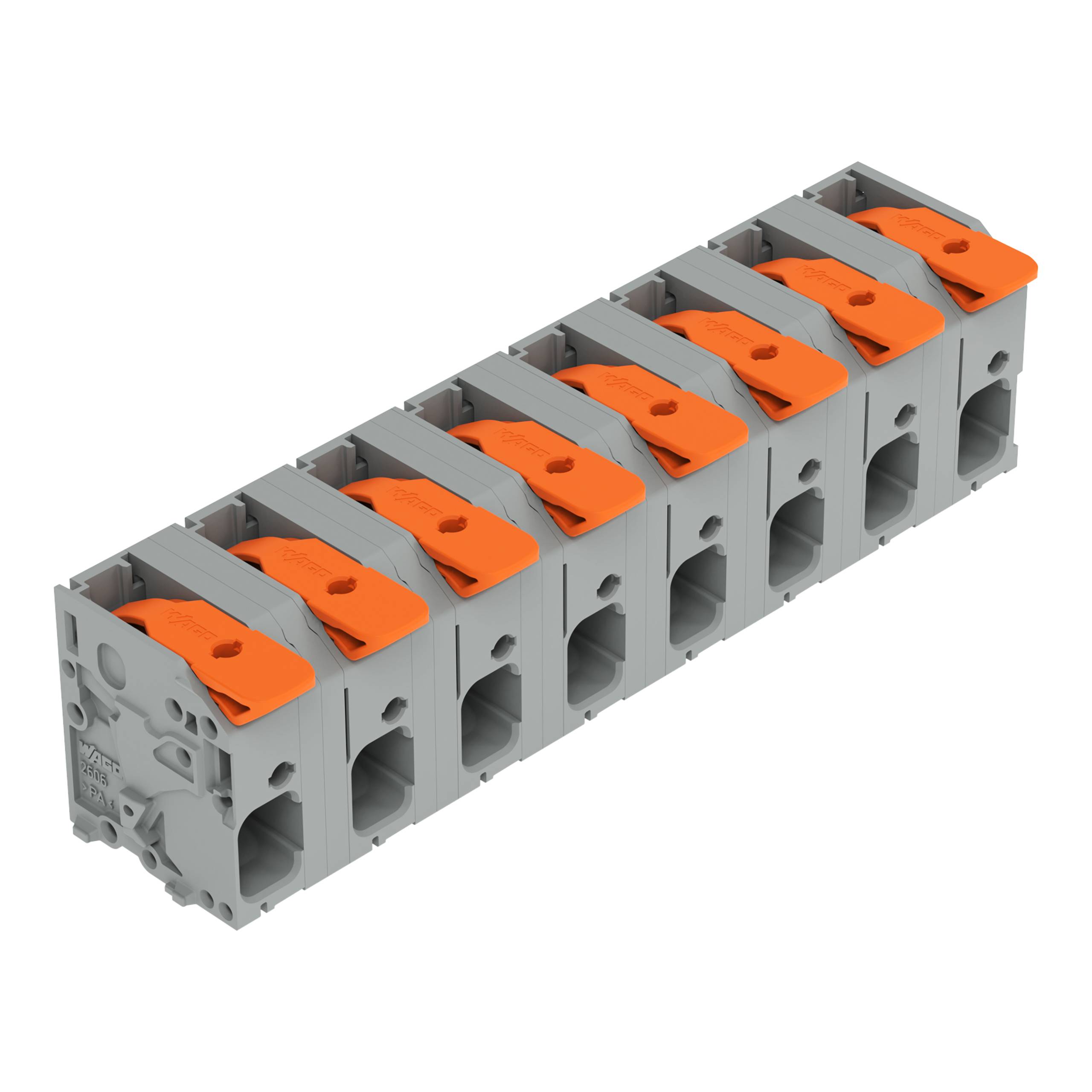 Ein grau-orangefarbiger modularer Industrie-Steckerblock mit mehreren Anschlussplätzen, wahrscheinlich für die Elektroverkabelung oder Ausrüstung verwendet.