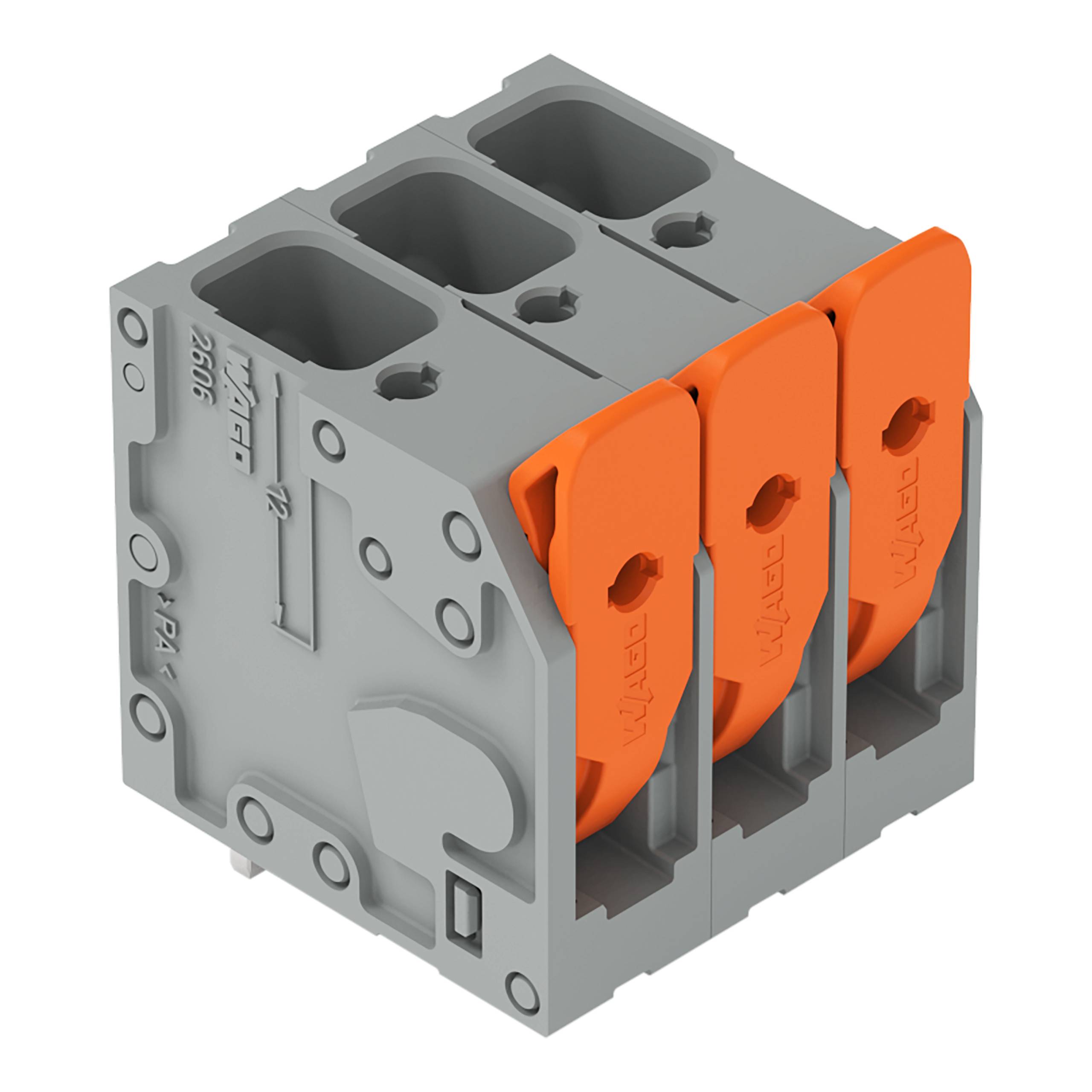 Ein dreiphasiger Elektrosteckverbinder mit grauem Gehäuse und orangefarbenen Hebeln, der zum effizienten Verdrahten mehrerer Stromkreise verwendet wird.