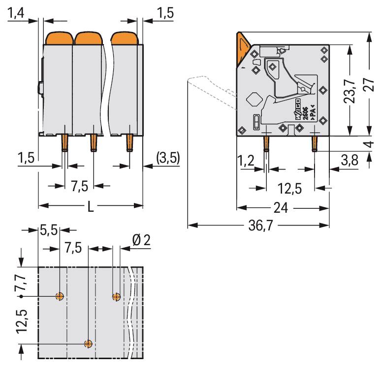 Diagramm einer elektronischen Komponente mit Maßangaben in Millimetern