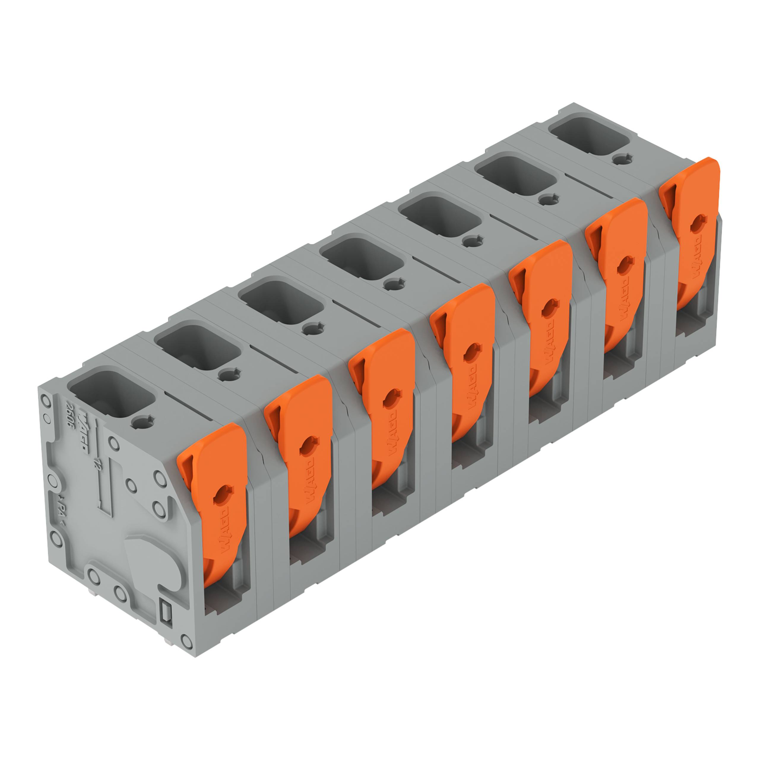 Ein modularer, grau und orange gefärbter Steckverbinderblock mit fünf Schlitzen, der zum Organisieren und Sichern mehrerer Stromleitungen verwendet wird.