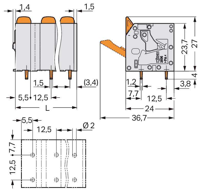 Technisches Schaltplan einer elektrischen Komponente mit Maßen: 7,5 x 13,2 mm, Seitenansicht 19,6 mm. Beschriftungen an verschiedenen Punkten zeigen Abmessungen an.