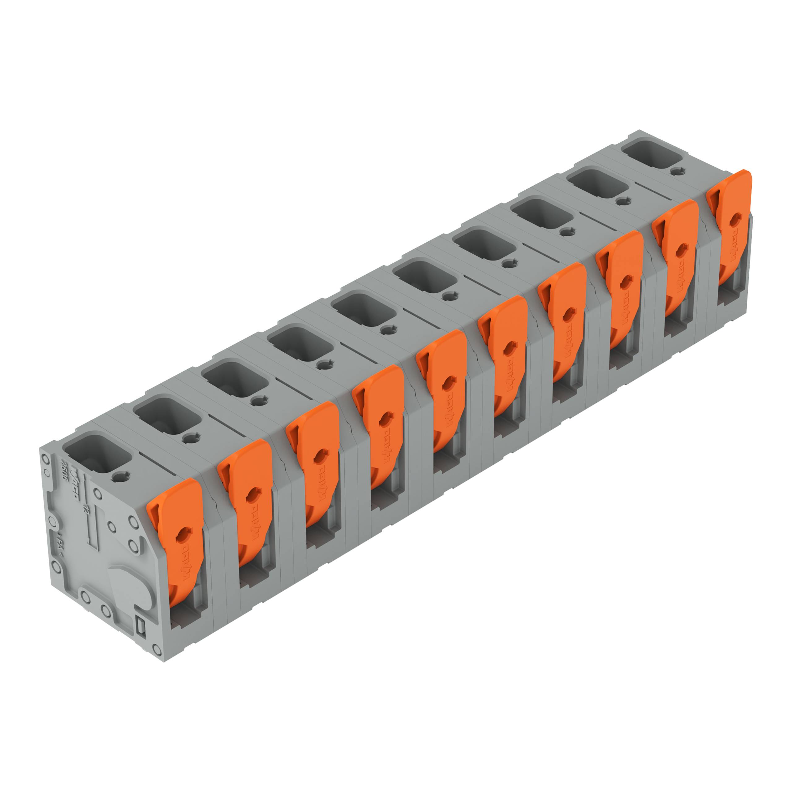 Eine Reihe von grauen und orangefarbenen Klemmenblöcken, die in elektrischen Installationen verwendet werden und ein modulares Design für einfache Konnektivität und Installation aufweisen.
