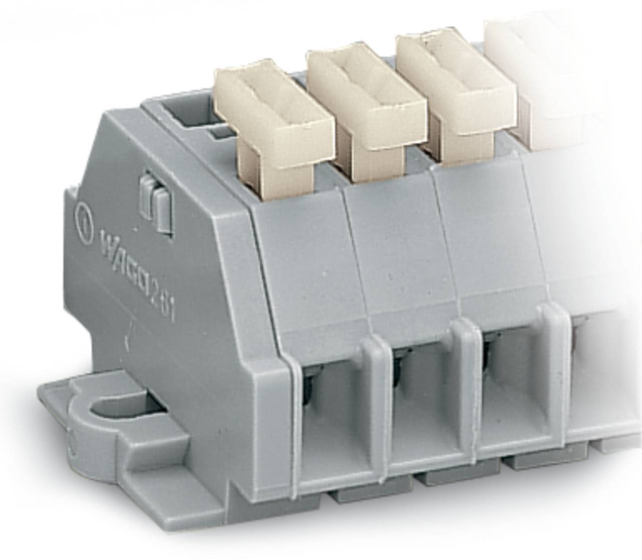 Ein grauer elektrischer Anschlussblock mit vier Verbindungspunkten, der zum Sichern und Organisieren von elektrischen Verbindungen verwendet wird.