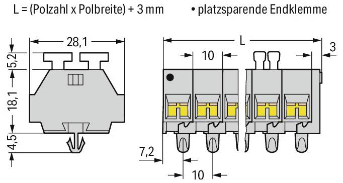 „Diagramm mit den Abmessungen einer platzsparenden Reihenklemme.