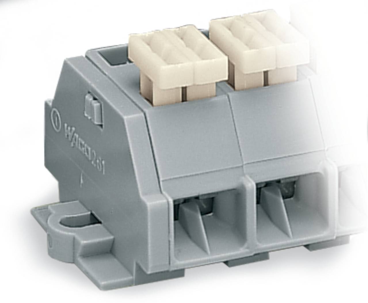 Ein graues Elektroklemmleistenblock mit vier Anschlußpunkten und beigen Steckern.