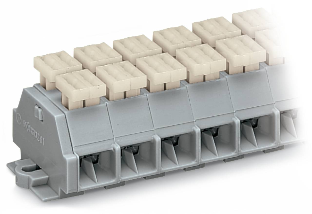 Ein graues elektrisches Klemmenleistenblock mit mehreren beigen Anschlüssen oben, das zur Organisierung und sicheren Verbindung elektrischer Drähte verwendet wird.