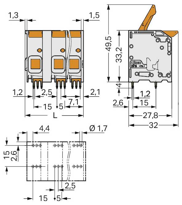 Technische Zeichnung eines elektrischen Steckers mit Vorder- und Seitenansicht mit Bemaßungen in Millimetern.