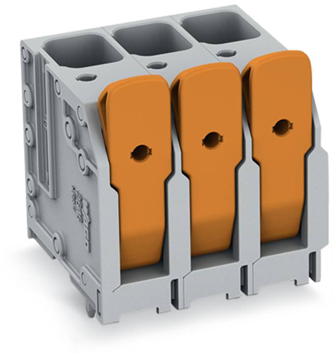 Ein grau-oranges Elektroklemmenblock mit drei Anschlussplätzen, entwickelt für die Verkabelung in elektrischen Schaltkreisen.