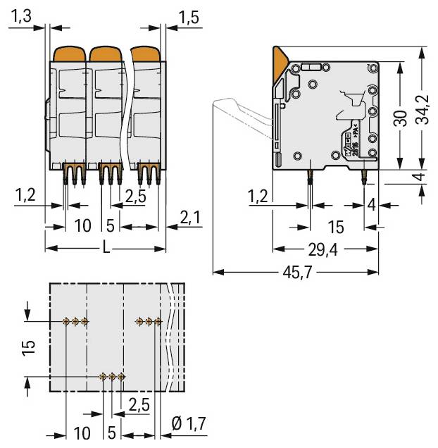 Technische Zeichnung eines Steckerverbinders mit Abmessungen: Breite 5,8 mm, Höhe 9,95 mm, verschiedene Längen gekennzeichnet als L, L2 und B.