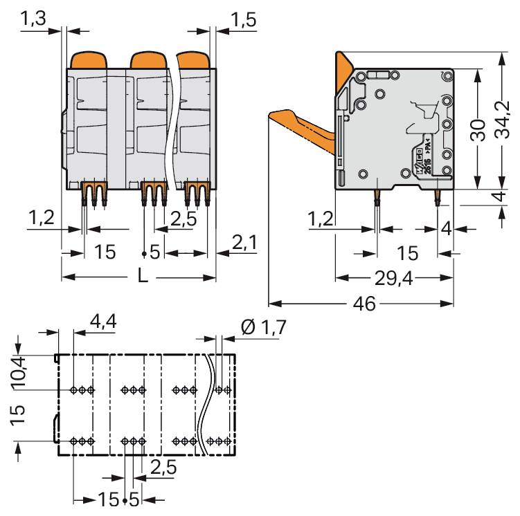 Technische Zeichnung eines Elektrosteckers. Enthält Maßangaben in Millimetern, wie z.B. 34,2 Höhe, 29,4 Breite und 15 Länge. Enthält detaillierte Ansichten aus verschiedenen Winkeln.