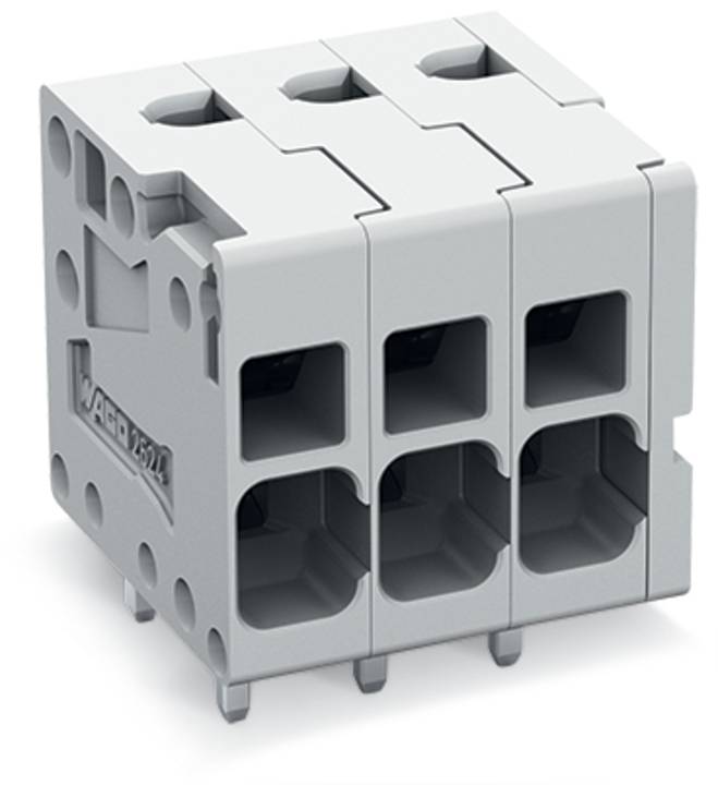 Ein graues dreipoliges Elektroklemmenblock mit Anschllusspunkten für Drähte, das die Markenbezeichnung 
