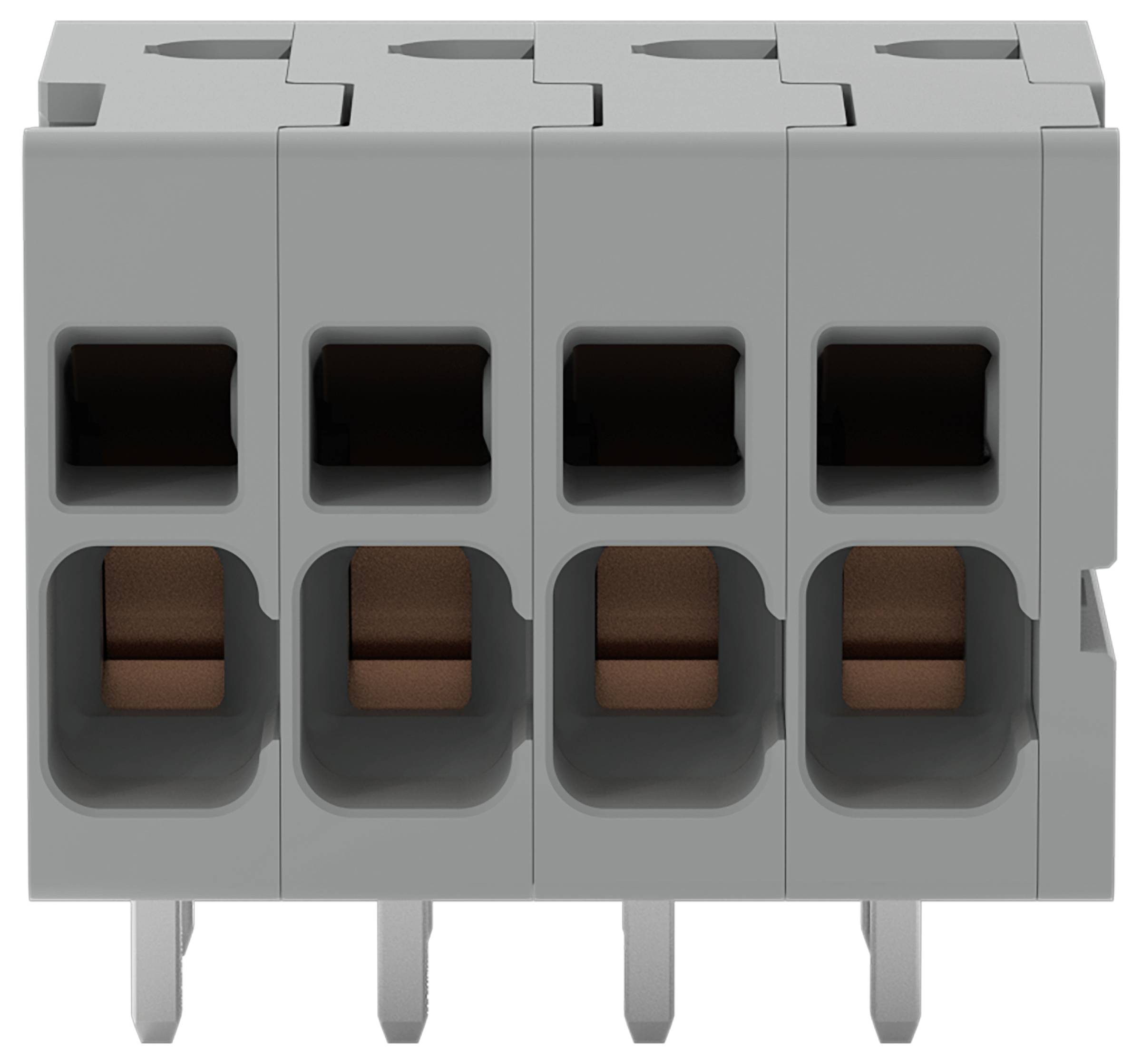 Nahaufnahme eines grauen, vierpoligen Elektrosteckverbinders mit Kupferkontakten, der für Verdrahtungsanwendungen verwendet wird.