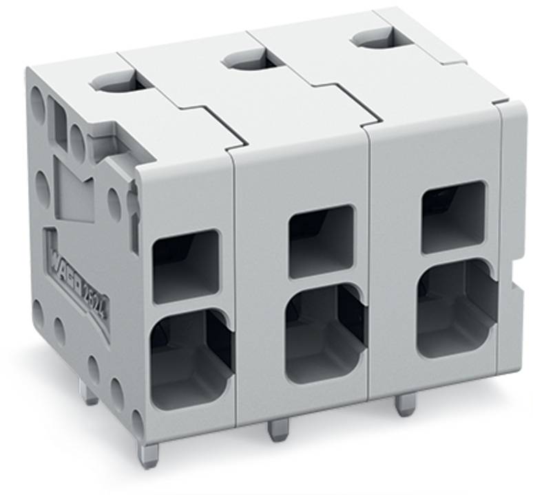 Ein grauer Elektrosteckverbinder mit mehreren Schlitzen und Öffnungen, mit der Bezeichnung 